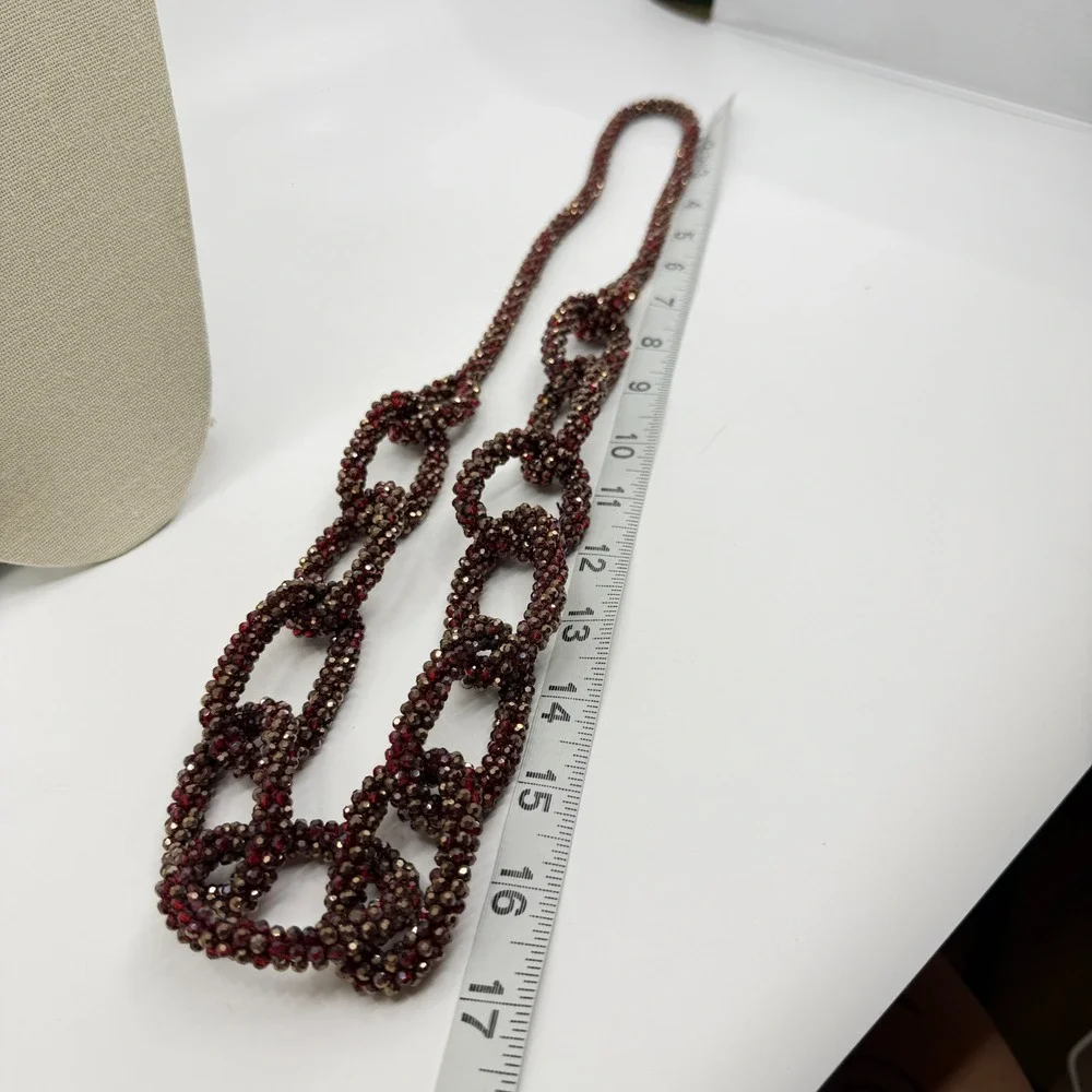 Red Bronze Tone Faceted Bead Woven Chain Link Long Necklace Statement Jewelry